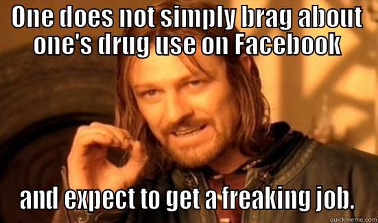 ONE DOES NOT SIMPLY BRAG ABOUT ONE'S DRUG USE ON FACEBOOK AND EXPECT TO GET A FREAKING JOB. Boromir