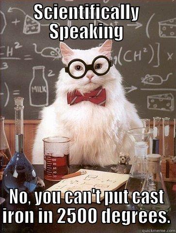 SCIENTIFICALLY SPEAKING NO, YOU CAN'T PUT CAST IRON IN 2500 DEGREES. Chemistry Cat