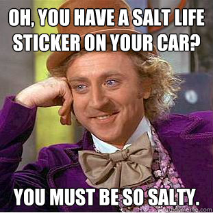 Oh, You have a salt life sticker on your car? You must be so salty.  Condescending Wonka