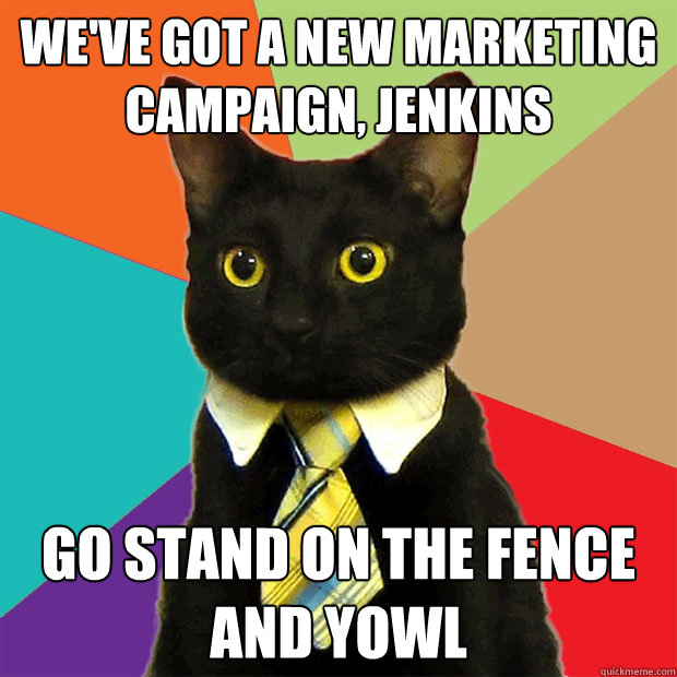 We've got a new marketing campaign, Jenkins Go stand on the fence and yowl  Business Cat