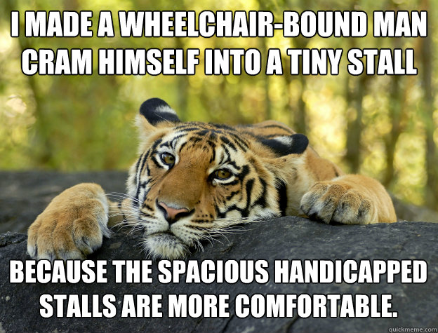 I made a wheelchair-bound man cram himself into a tiny stall because the spacious handicapped stalls are more comfortable.  Confession Tiger