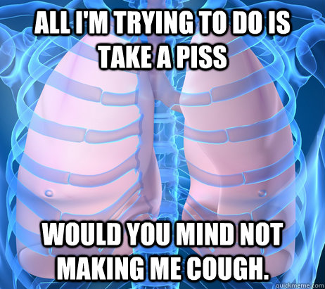 All i'm trying to do is take a piss would you mind not making me cough.  scumbag lungs