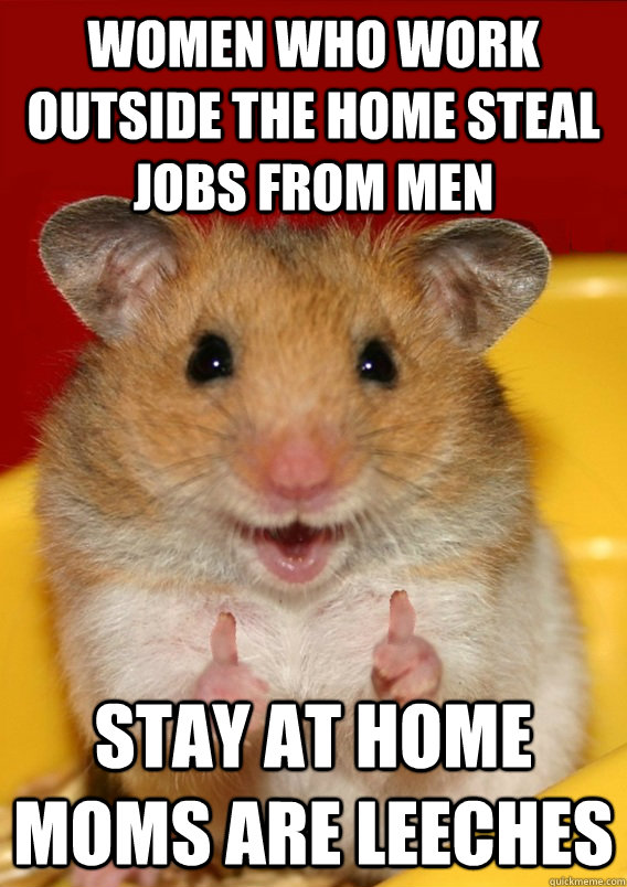 women who work outside the home steal jobs from men stay at home moms are leeches   - women who work outside the home steal jobs from men stay at home moms are leeches    Rationalization Hamster