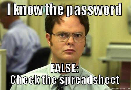 Insurance joke  - I KNOW THE PASSWORD FALSE: CHECK THE SPREADSHEET Schrute