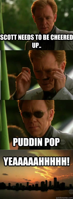 Scott needs to be cheered up..  puddin pop YEAAAAAHHHHH!  CSI Miami Style