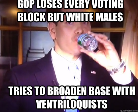 GOP loses every voting block but white males Tries to broaden base with ventriloquists   