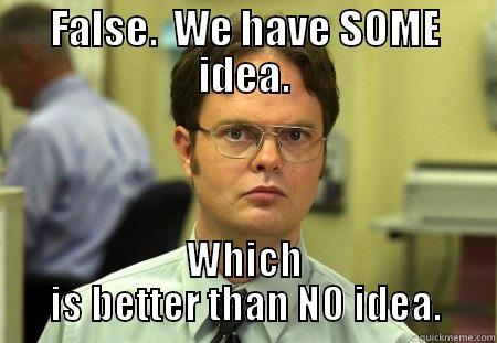 FALSE.  WE HAVE SOME IDEA. WHICH IS BETTER THAN NO IDEA. Schrute