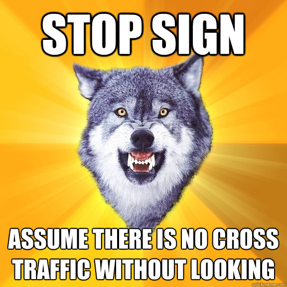 stop sign assume there is no cross traffic without looking  Courage Wolf