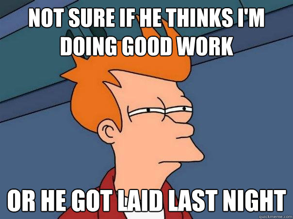 not sure if he thinks i'm doing good work or he got laid last night  Futurama Fry