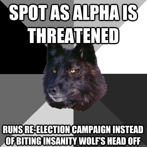 Spot as alpha is threatened  runs re-election campaign instead of biting Insanity wolf's head off  Sanity Wolf