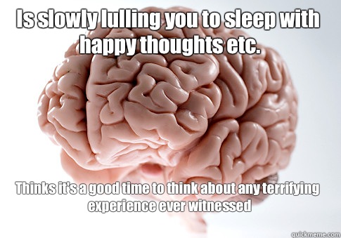 Is slowly lulling you to sleep with happy thoughts etc. Thinks it's a good time to think about any terrifying experience ever witnessed 
  - Is slowly lulling you to sleep with happy thoughts etc. Thinks it's a good time to think about any terrifying experience ever witnessed 
   Scumbag Brain