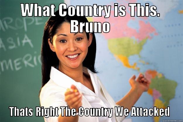 WHAT COUNTRY IS THIS. BRUNO THATS RIGHT THE COUNTRY WE ATTACKED  Unhelpful High School Teacher