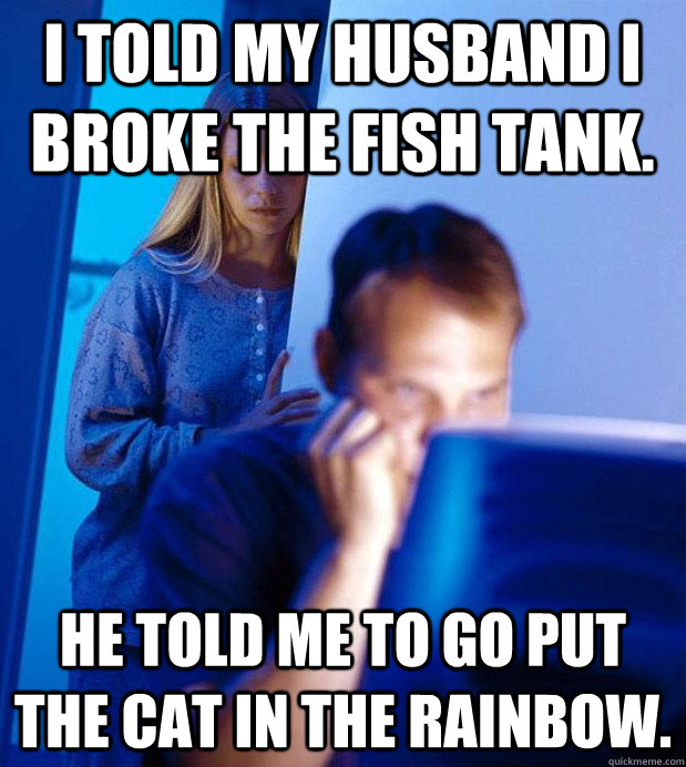 I told my husband I broke the fish tank. He told me to go put the cat in the rainbow. - I told my husband I broke the fish tank. He told me to go put the cat in the rainbow.  Internet Husband