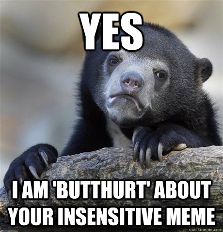 Yes I am 'butthurt' about your insensitive meme  Confession Bear