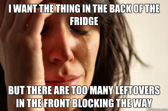 I WANT THE THING IN THE BACK OF THE FRIDGE BUT THERE ARE TOO MANY LEFTOVERS IN THE FRONT BLOCKING THE WAY  First World Problems