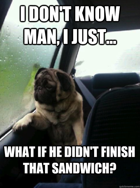 I don't know man, I just... what if he didn't finish that sandwich?  Introspective Pug