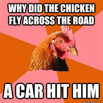 why did the chicken fly across the road a car hit him  Anti-Joke Chicken