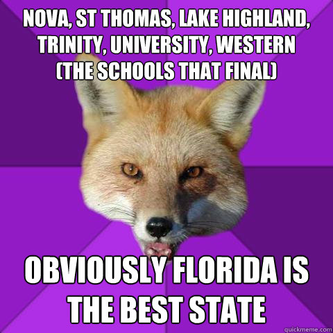 Nova, St Thomas, Lake Highland, Trinity, University, Western 
(the schools that final) obviously florida is the best state  Forensics Fox