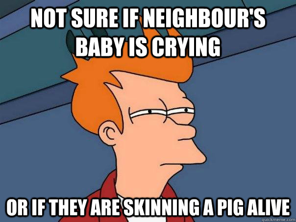 Not sure if neighbour's baby is crying Or if they are skinning a pig alive  Futurama Fry