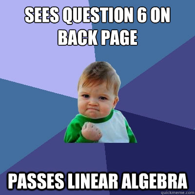 Sees question 6 on back page passes linear algebra  Success Kid