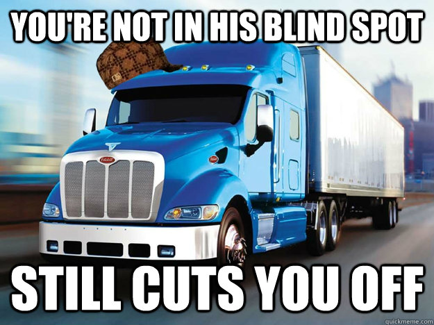 You're not in his blind spot  Still cuts you off  Scumbag Trucker