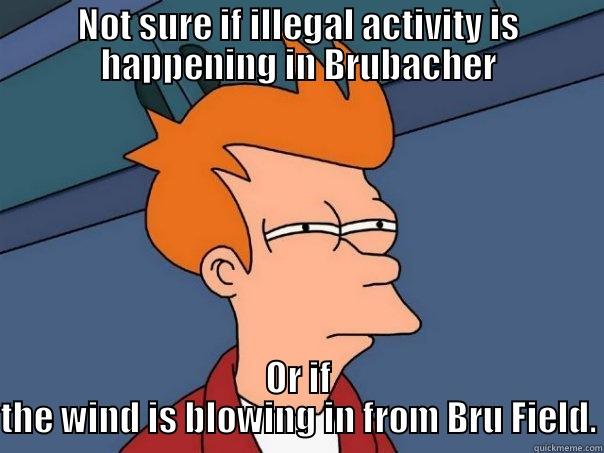 NOT SURE IF ILLEGAL ACTIVITY IS HAPPENING IN BRUBACHER OR IF THE WIND IS BLOWING IN FROM BRU FIELD. Futurama Fry