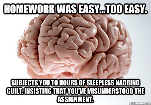 Homework was easy...too easy. Subjects you to hours of sleepless nagging guilt, insisting that you've misunderstood the assignment.  Scumbag Brain