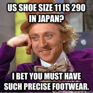 US shoe size 11 is 290 in japan? I bet you must have such precise footwear.  Condescending Wonka