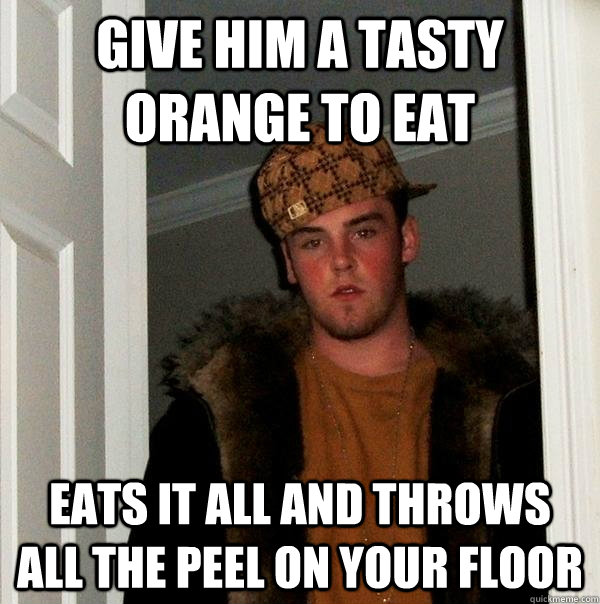 Give him a tasty orange to eat eats it all and throws all the peel on your floor  Scumbag Steve