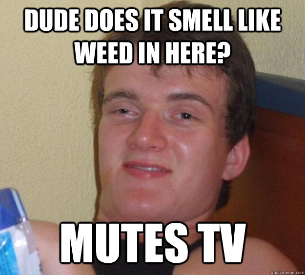 dude does it smell like weed in here? mutes tv  10 Guy