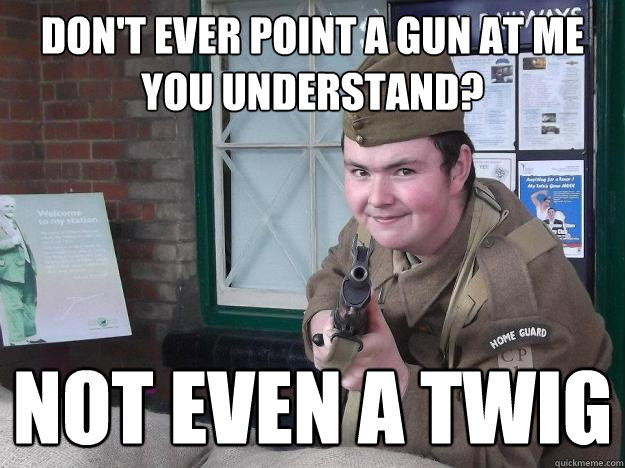 Don't ever point a gun at me you understand? not even a twig - Don't ever point a gun at me you understand? not even a twig  Clint line darren.