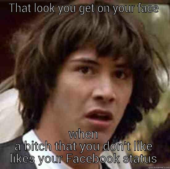 THAT LOOK YOU GET ON YOUR FACE WHEN A BITCH THAT YOU DON'T LIKE LIKES YOUR FACEBOOK STATUS conspiracy keanu