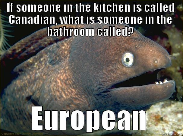 IF SOMEONE IN THE KITCHEN IS CALLED CANADIAN, WHAT IS SOMEONE IN THE BATHROOM CALLED? EUROPEAN Bad Joke Eel