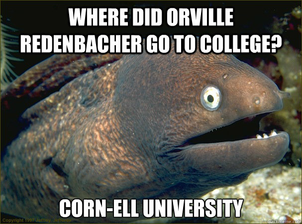 Where did Orville Redenbacher go to college? CORN-ell University - Where did Orville Redenbacher go to college? CORN-ell University  Bad Joke Eel