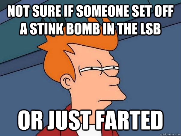 Not sure if someone set off a stink bomb in the lsb Or just farted - Not sure if someone set off a stink bomb in the lsb Or just farted  Futurama Fry