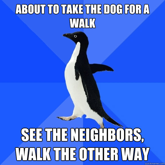 About to take the dog for a walk See the neighbors, walk the other way  Socially Awkward Penguin