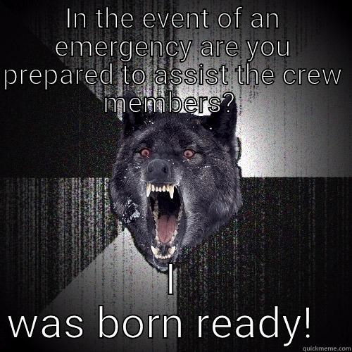 IN THE EVENT OF AN EMERGENCY ARE YOU PREPARED TO ASSIST THE CREW MEMBERS?  I WAS BORN READY!   Insanity Wolf