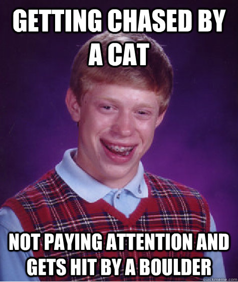 getting chased by a cat not paying attention and gets hit by a boulder - getting chased by a cat not paying attention and gets hit by a boulder  Bad Luck Brian