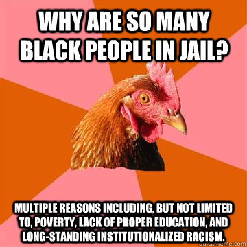 Why are so many black people in jail? Multiple reasons including, but not limited to, poverty, lack of proper education, and long-standing institutionalized racism. - Why are so many black people in jail? Multiple reasons including, but not limited to, poverty, lack of proper education, and long-standing institutionalized racism.  Anti-Joke Chicken