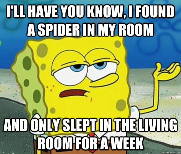 I'll have you know, I found a spider in my room And only slept in the living room for a week - I'll have you know, I found a spider in my room And only slept in the living room for a week  Tough Spongebob