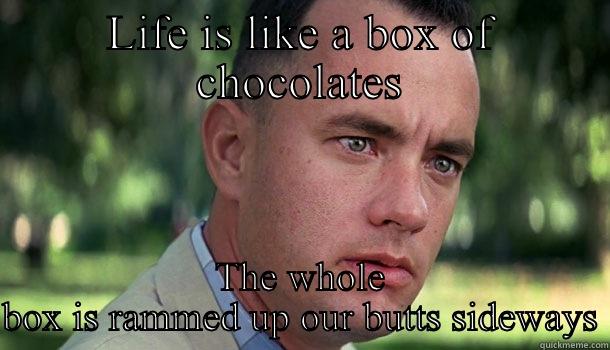 LIFE IS LIKE A BOX OF CHOCOLATES THE WHOLE BOX IS RAMMED UP OUR BUTTS SIDEWAYS Offensive Forrest Gump