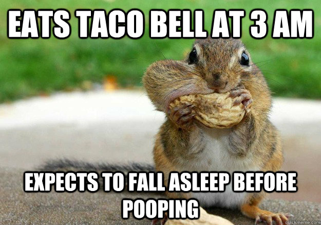 eats taco bell at 3 am expects to fall asleep before pooping - eats taco bell at 3 am expects to fall asleep before pooping  Overly-Optimistic Squirrel