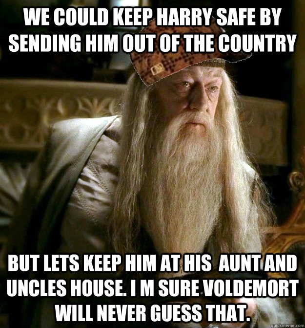 We could keep Harry Safe by sending him out of the country  But lets keep him at his  aunt and uncles house. I m sure Voldemort will never guess that.   Scumbag Dumbledore