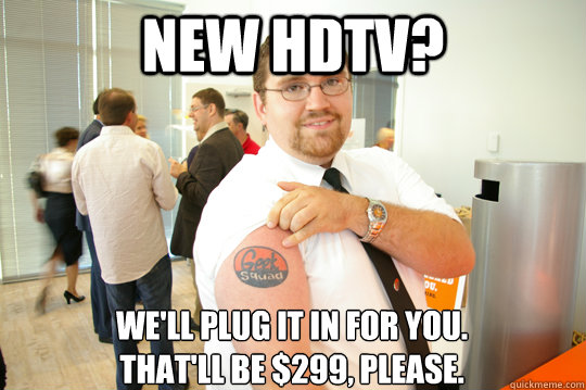 New HDTV? We'll plug it in for you.
That'll be $299, please.  GeekSquad Gus