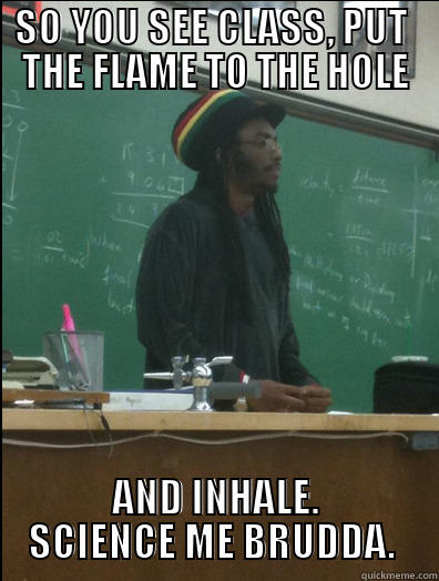 SO YOU SEE CLASS, PUT  THE FLAME TO THE HOLE AND INHALE. SCIENCE ME BRUDDA.  Rasta Science Teacher