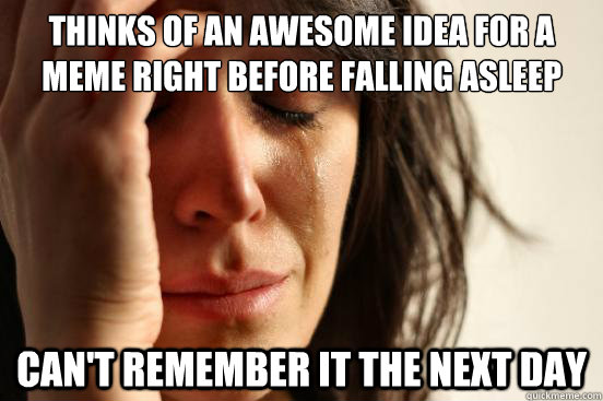 thinks of an awesome idea for a meme right before falling asleep can't remember it the next day  First World Problems