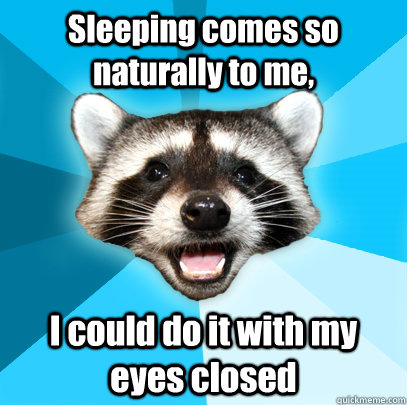 Sleeping comes so naturally to me, I could do it with my eyes closed  Lame Pun Coon