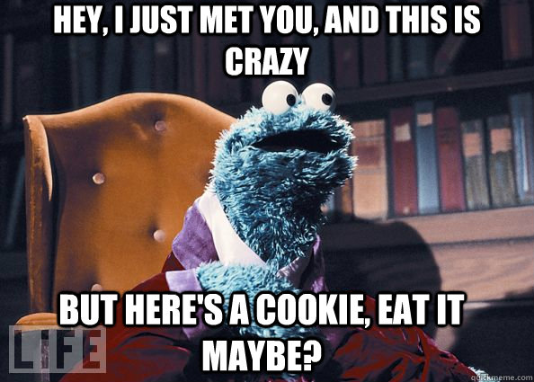 Hey, I just met you, and this is crazy but here's a cookie, eat it maybe?  Cookie Monster