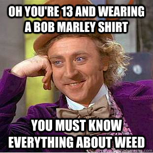 Oh you're 13 and wearing a bob Marley shirt you must know everything about weed  Condescending Wonka