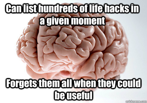 Can list hundreds of life hacks in a given moment Forgets them all when they could be useful  Scumbag Brain